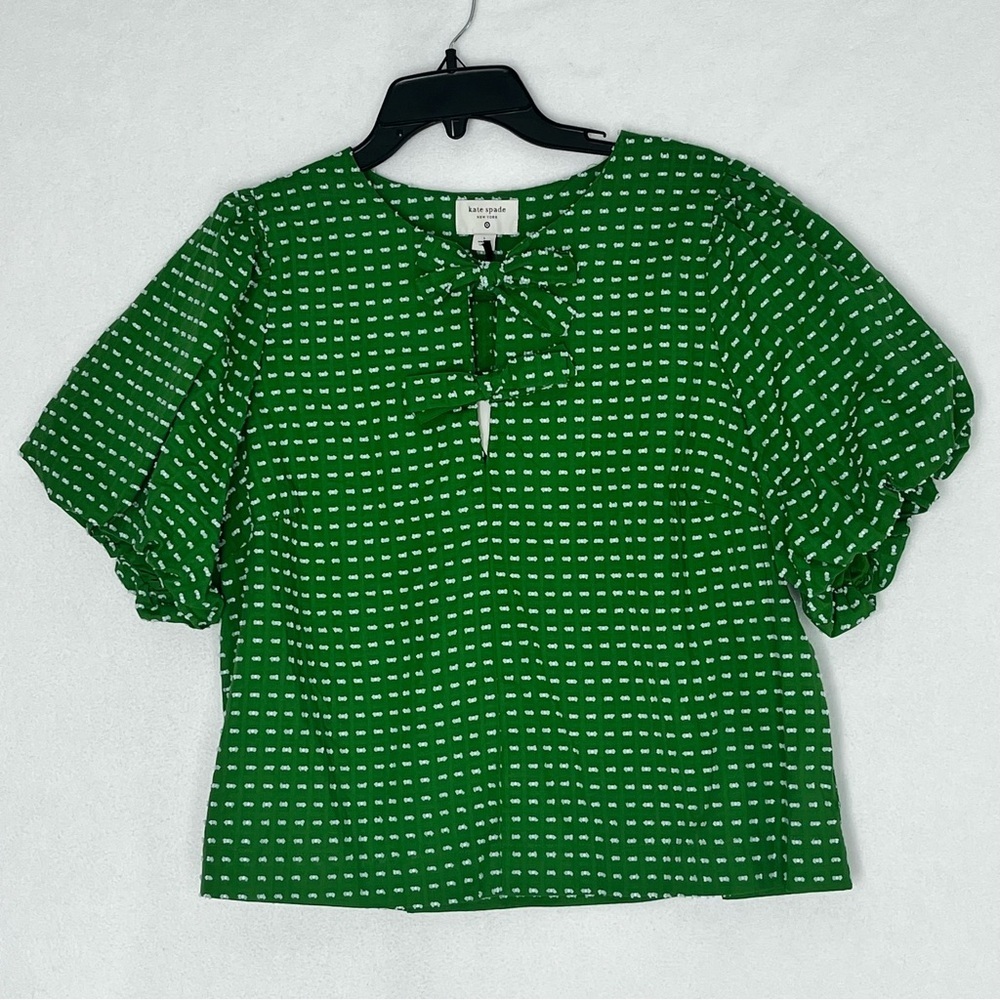 NWT Kate Spade Blouse Textured Polka Dot Bow Front Puff Sleeve Green Top Size L - Picture 1 of 9